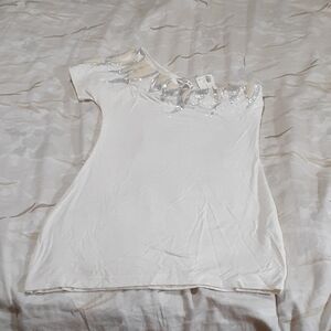 Lucy&Co Vintage Y2K One Shoulder, Beaded Sequined Indie Sleeze Cream Silver Top